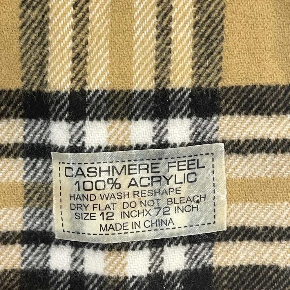 Plaid Scarf‎ Womens 12x72 Tan Camel Black Fringe Cashmere Feel Acrylic Check